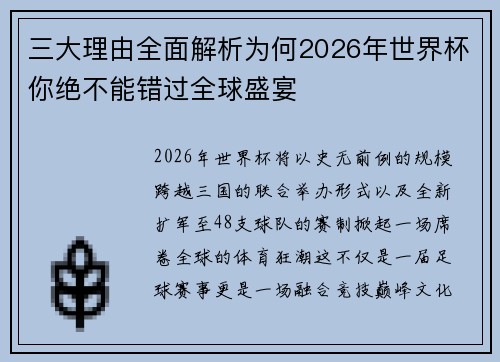三大理由全面解析为何2026年世界杯你绝不能错过全球盛宴 三大理由全面解析为何2026年世界杯你绝不能错过全球盛宴