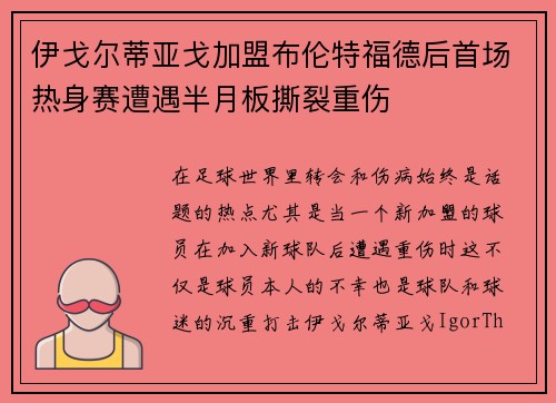 伊戈尔蒂亚戈加盟布伦特福德后首场热身赛遭遇半月板撕裂重伤 伊戈尔蒂亚戈加盟布伦特福德后首场热身赛遭遇半月板撕裂重伤